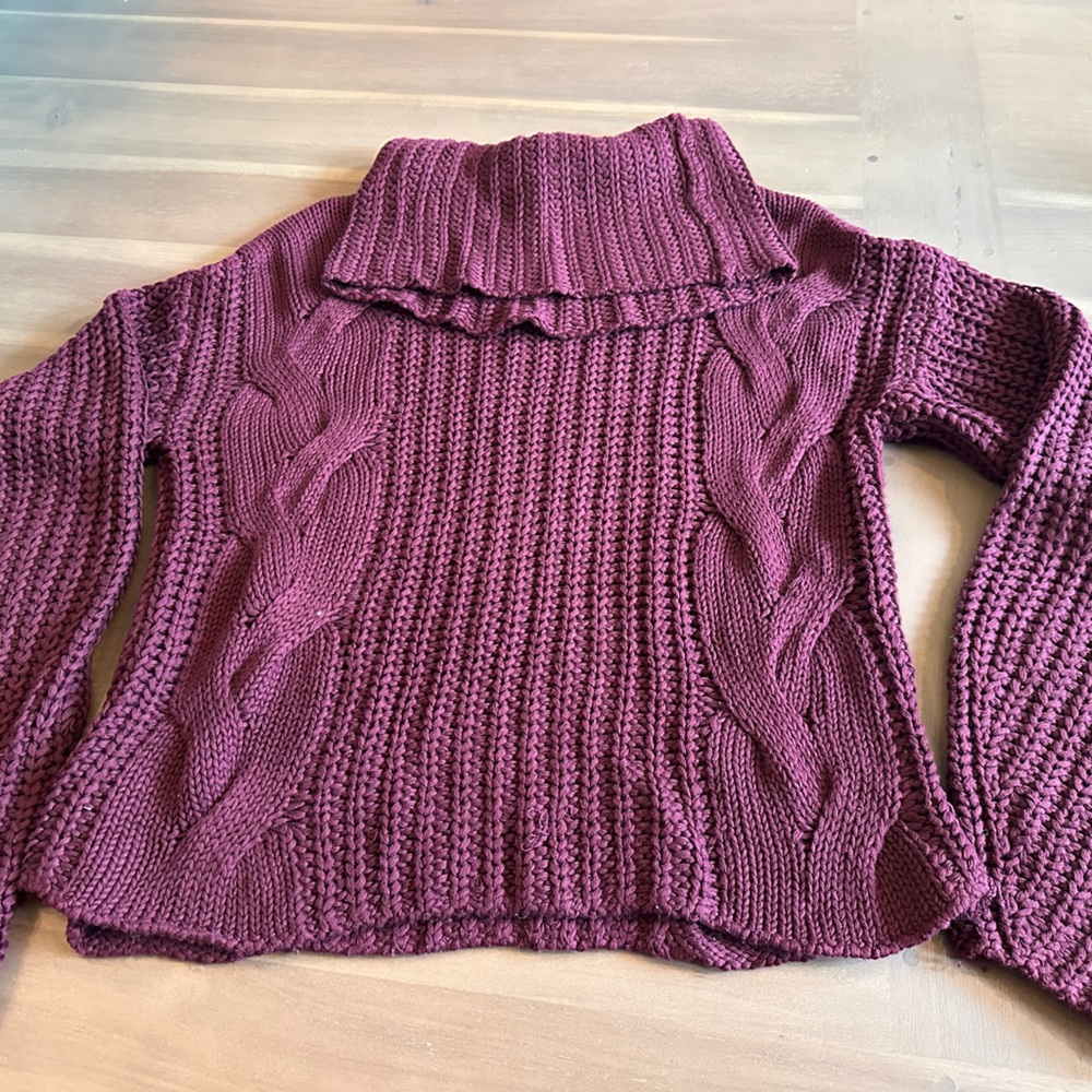 Cable Knit Turtleneck Sweater - Burgundy - Deep Plum